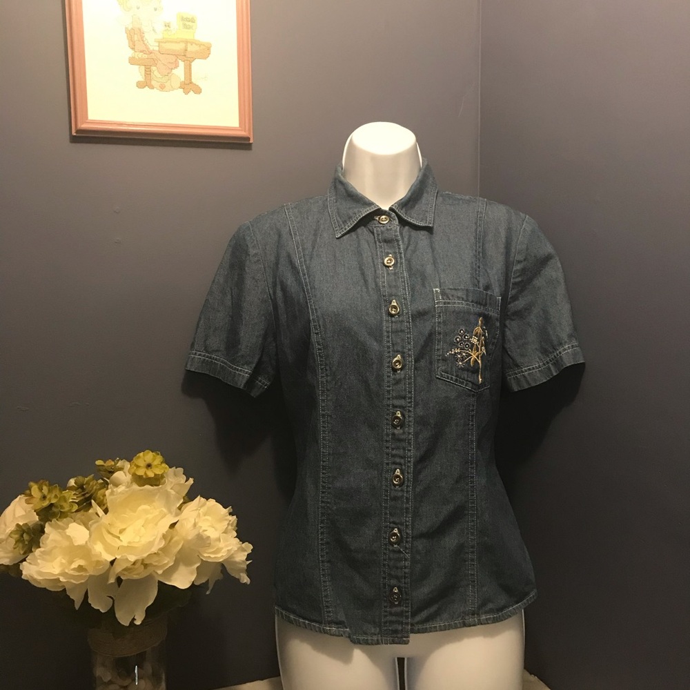 Vintage Denim Button Down Shirt | Short Sleeve Classic Top | Casual 90s Style US
